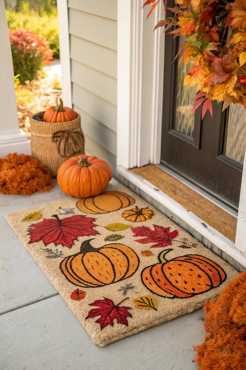 A pumpkin-themed doormat brings the harvest season to your home.