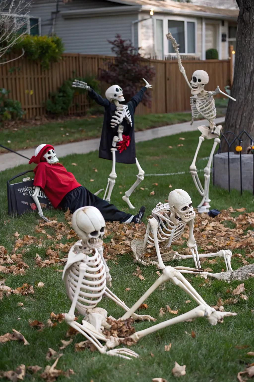 Provide humor for Halloween with skeletons posed in amusing situations.