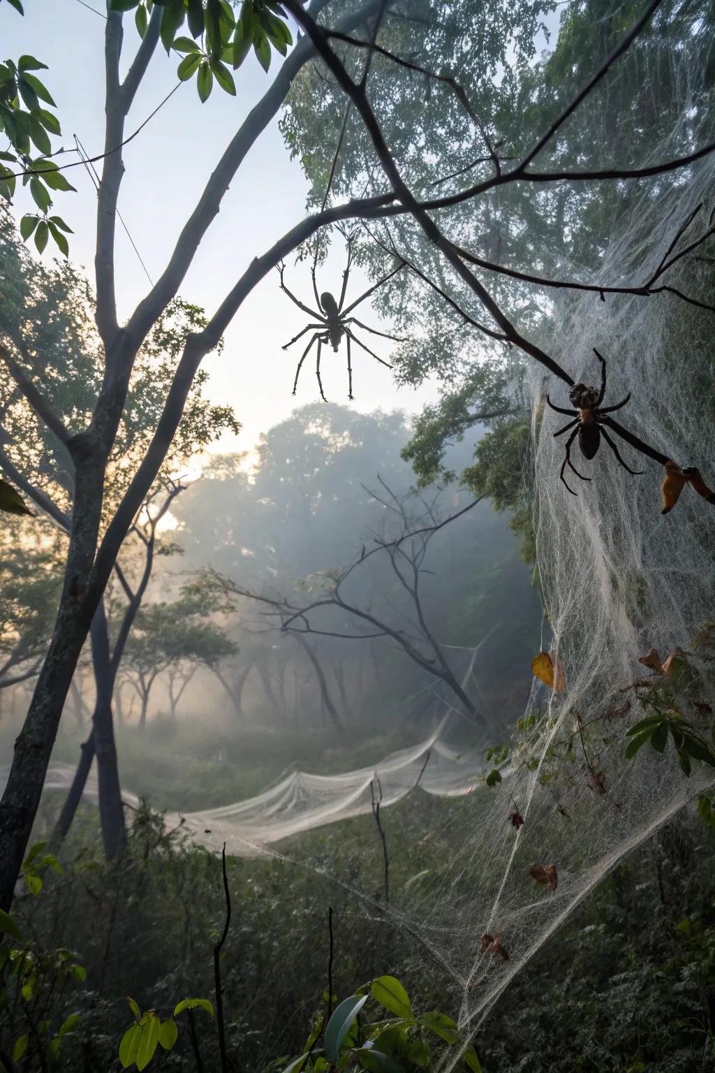 A forest coated in heavy spider webs, home to enormous spiders.