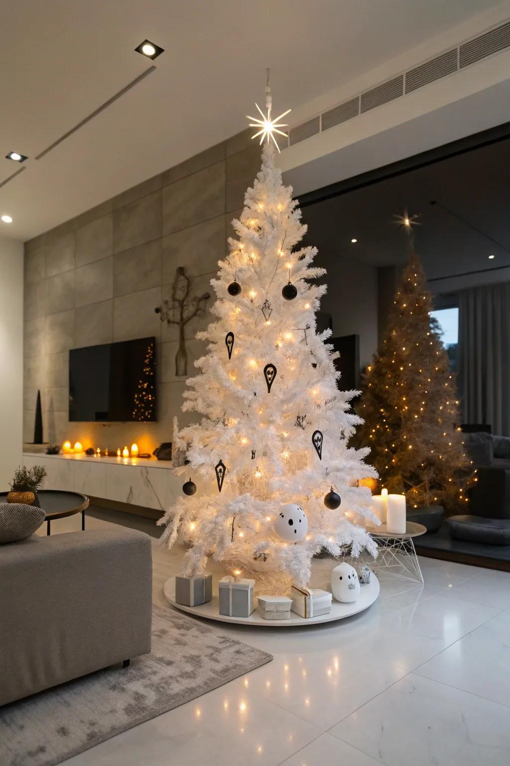 A ghostly white Halloween tree for a chic, spectral look.