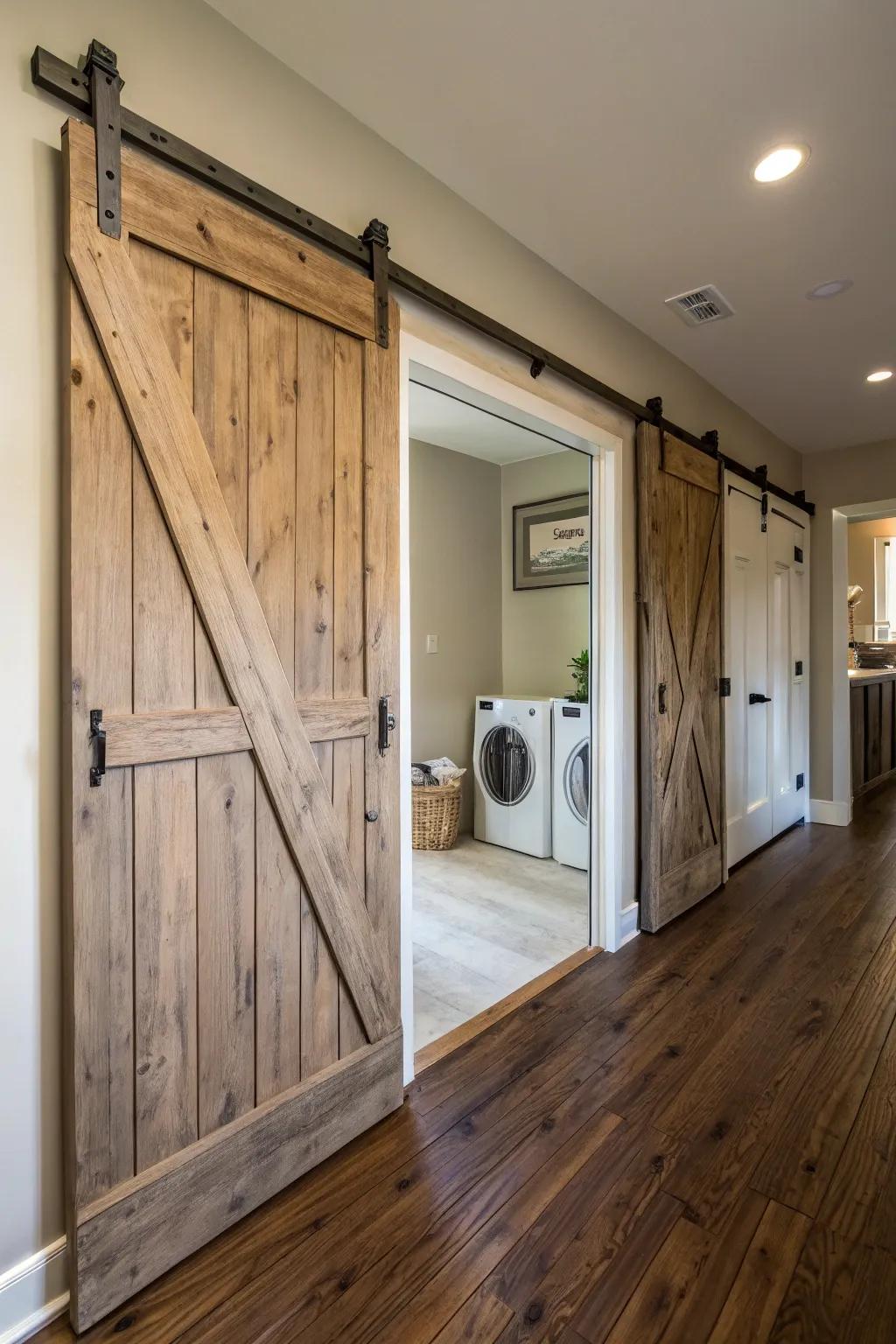 Country-style sliding barn doors provide beauty and function.