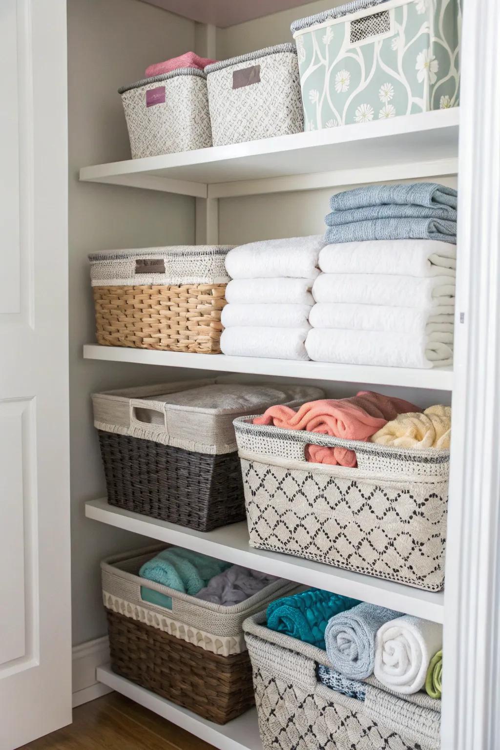 Baskets introduce both charm and structure to your linen closet.