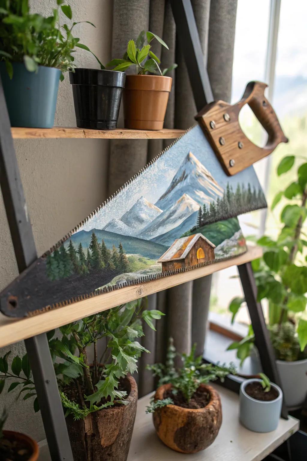 A handsaw converted into a serene mountain landscape painting.