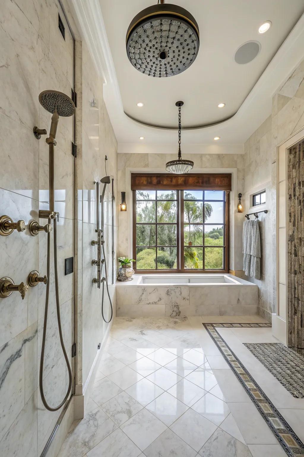 Blend an aqua-sprayer with an overhead rainfall shower for a sumptuous feel.