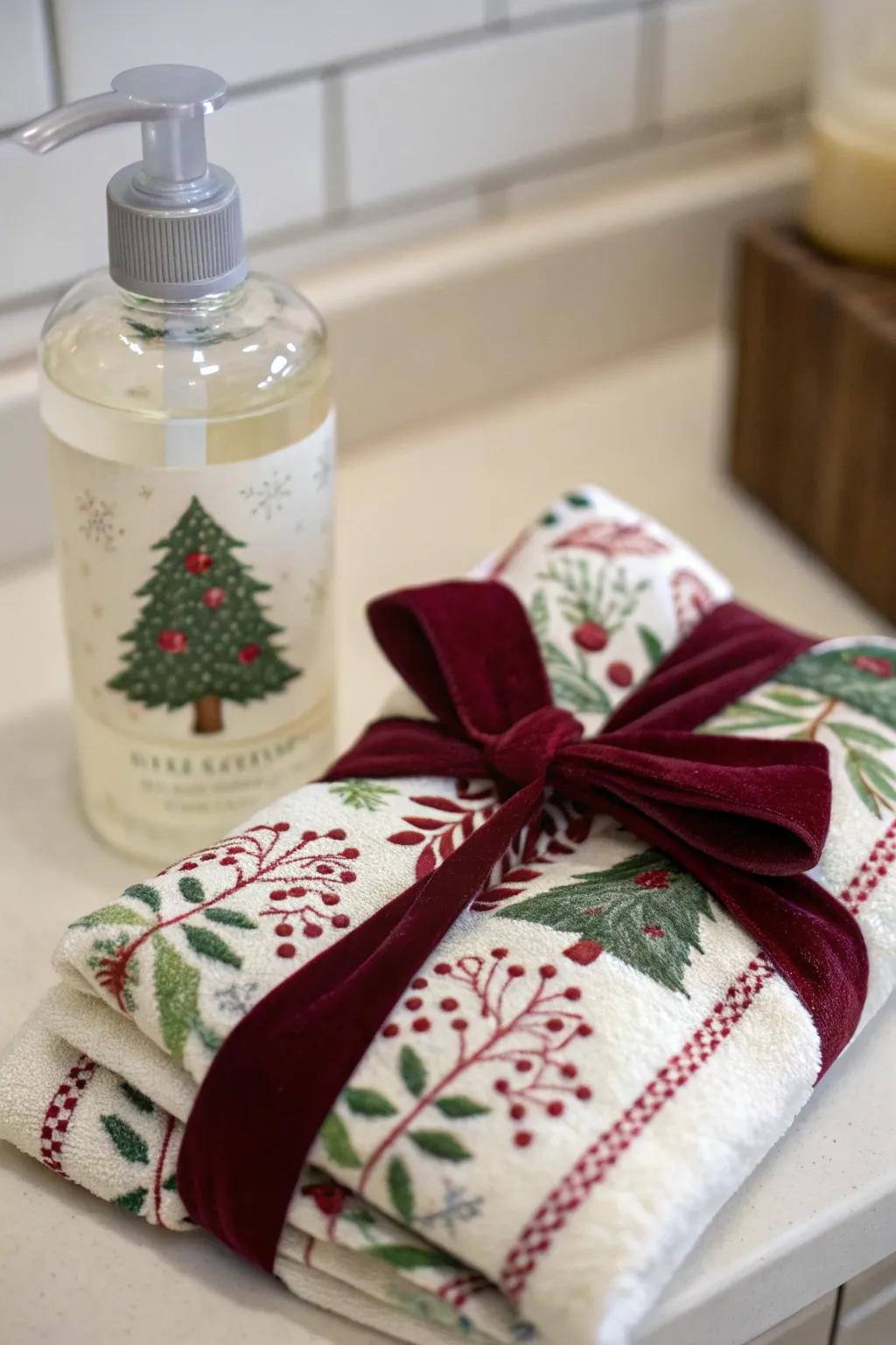 An endearing pairing of hand soap and tea towel, superb for gifting.