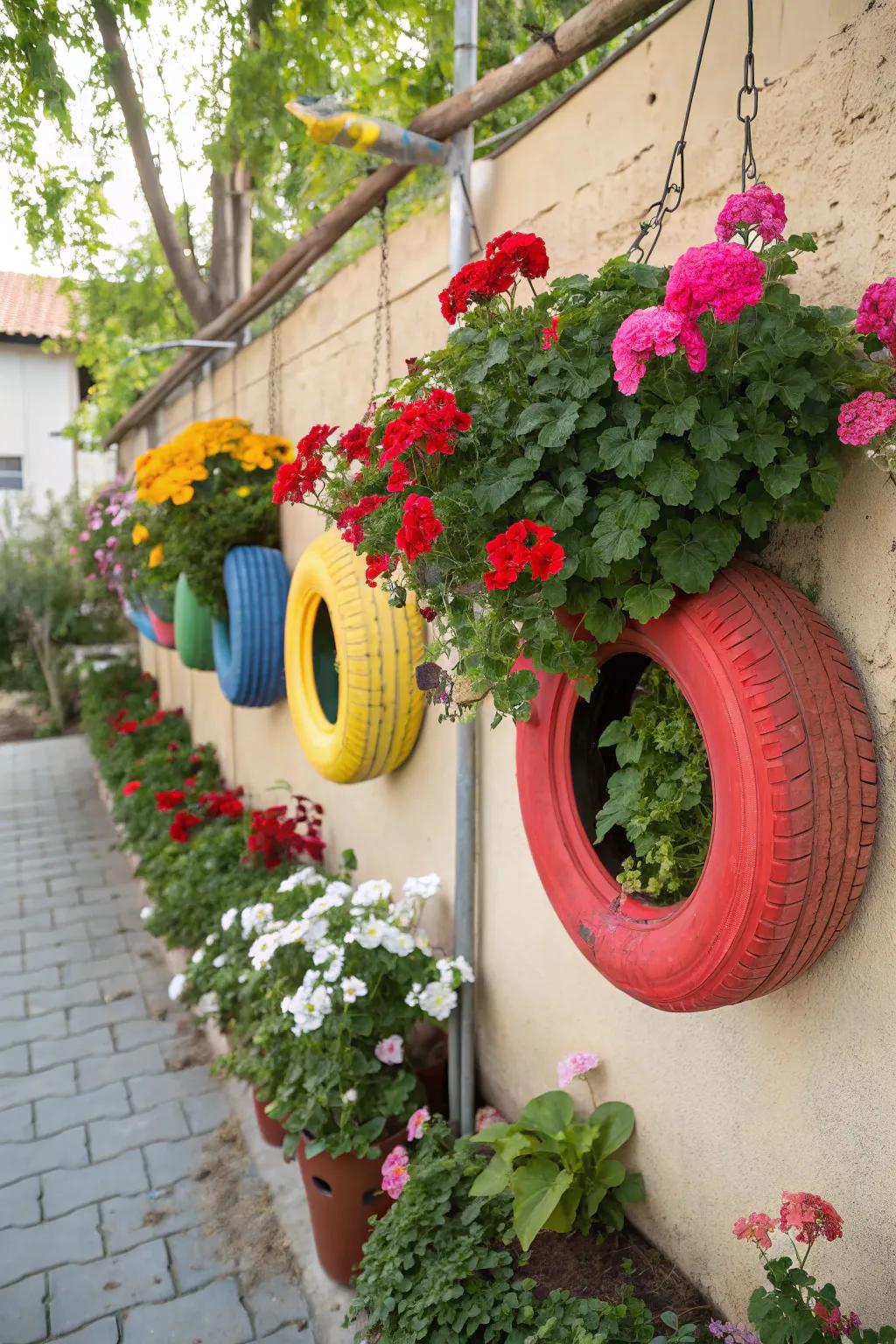 Repurposed rubber offers a fun haven for geraniums.