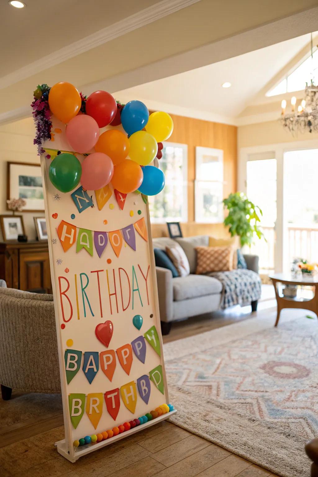 A vibrant birthday board enhanced with colorful balloons.
