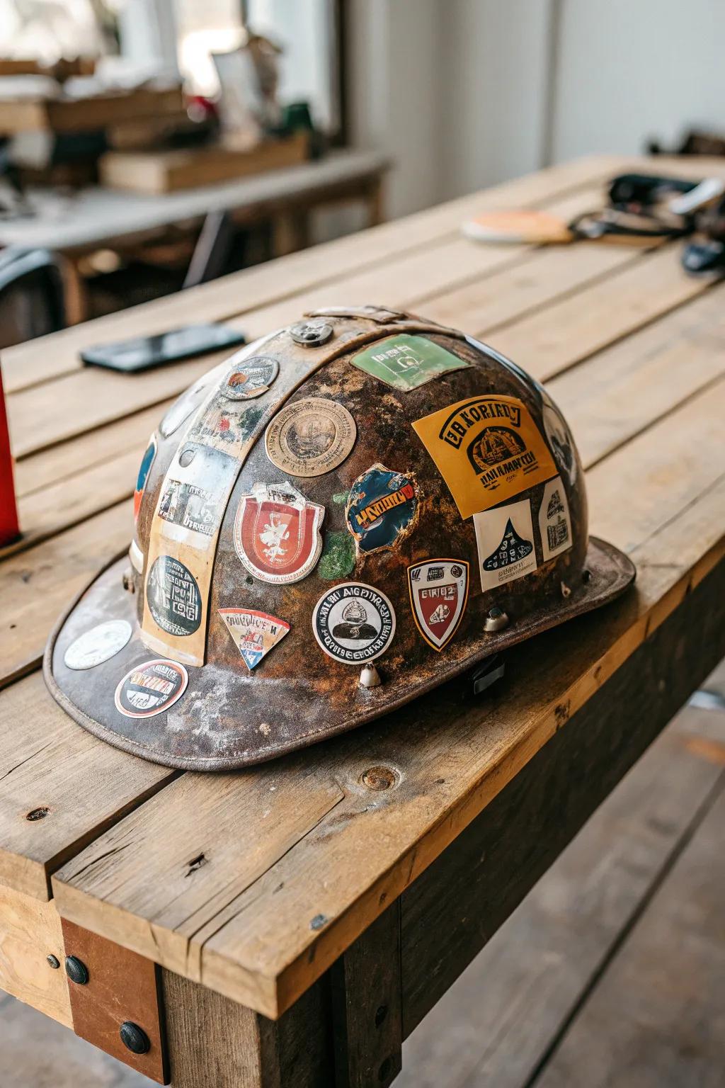 A hard hat alive with stickers and patches.