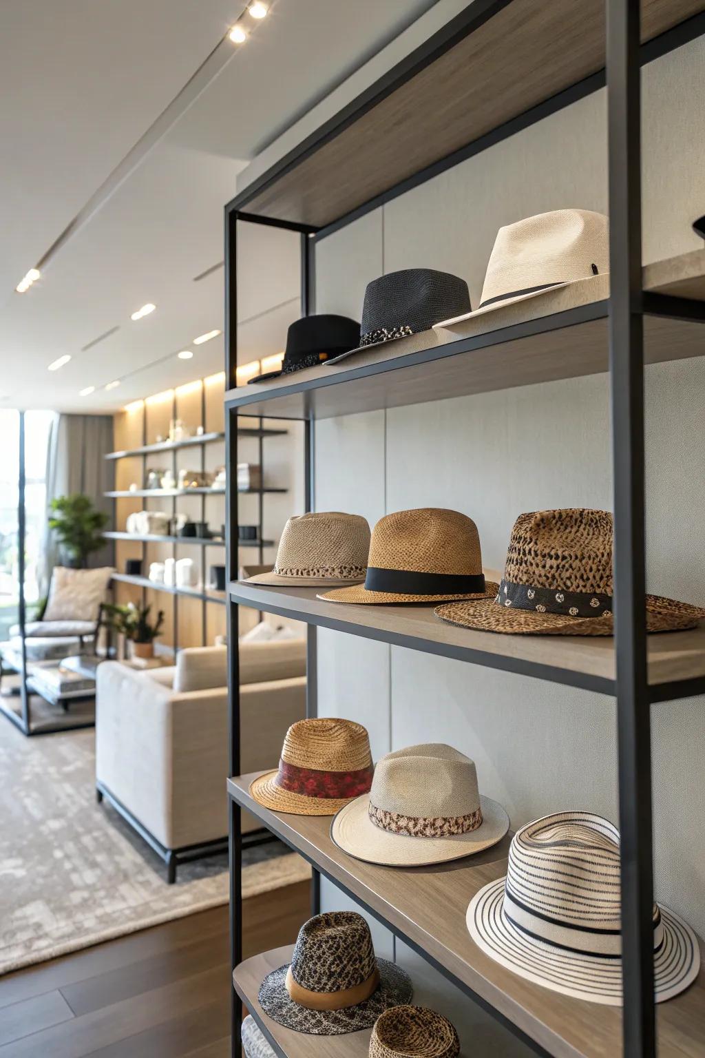 Hats displayed on a stylish shelving unit.