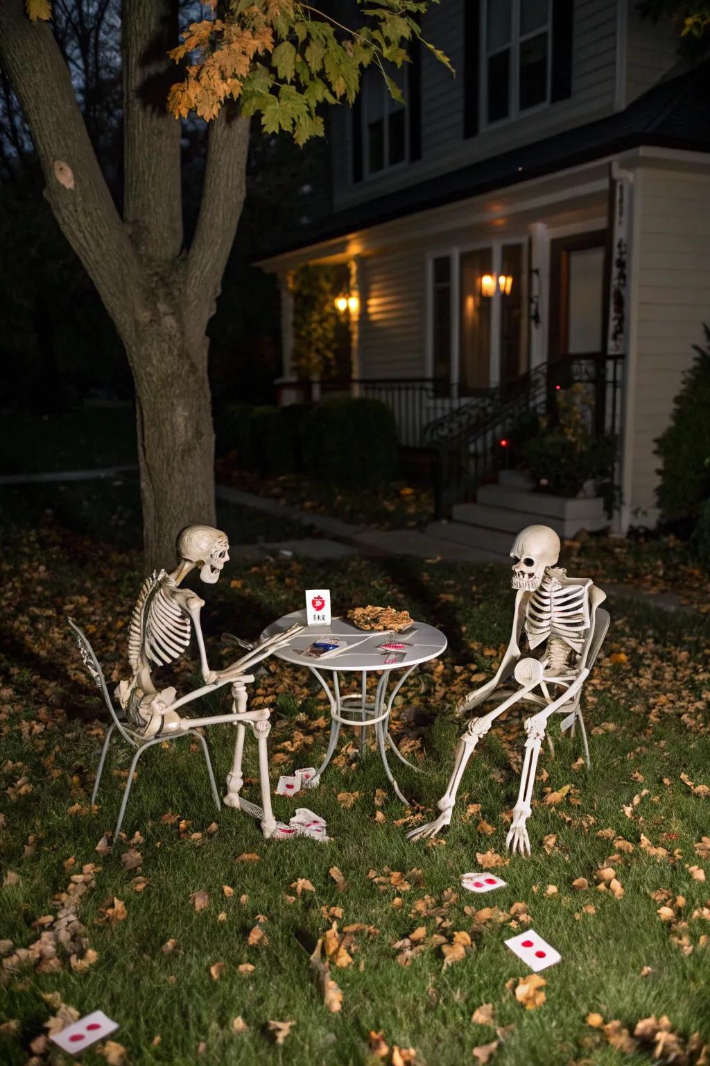Transform your lawn into a spooky spectacle with creatively posed skeletons.