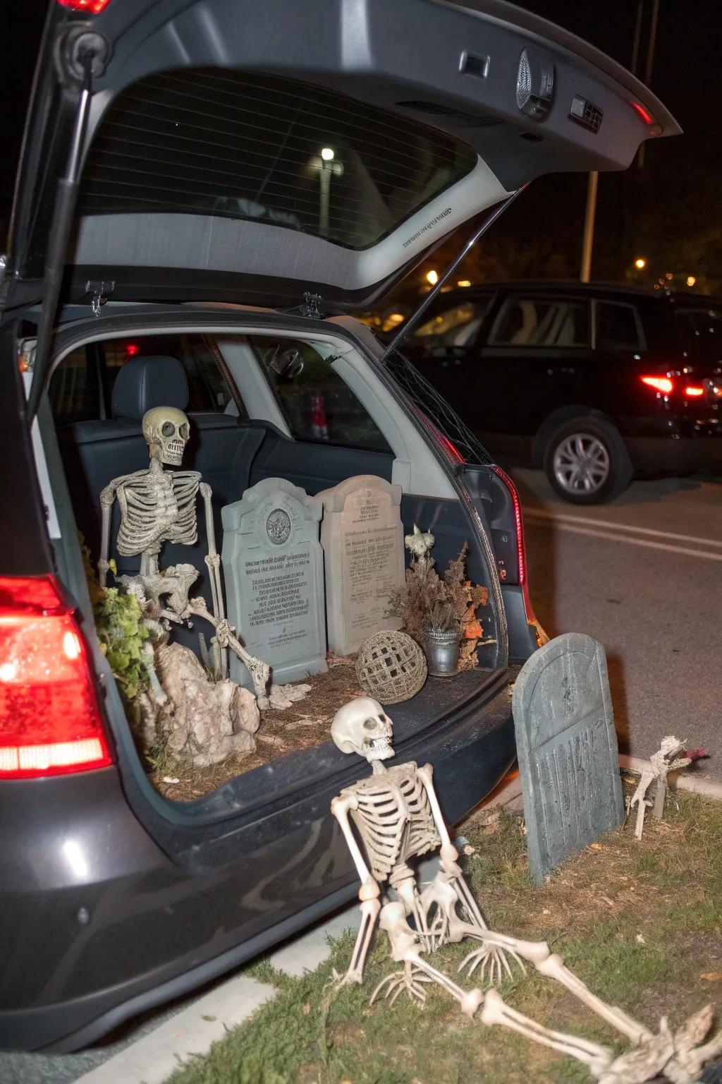 Pose skeletons and tombstones for a spooky graveyard trunk display.