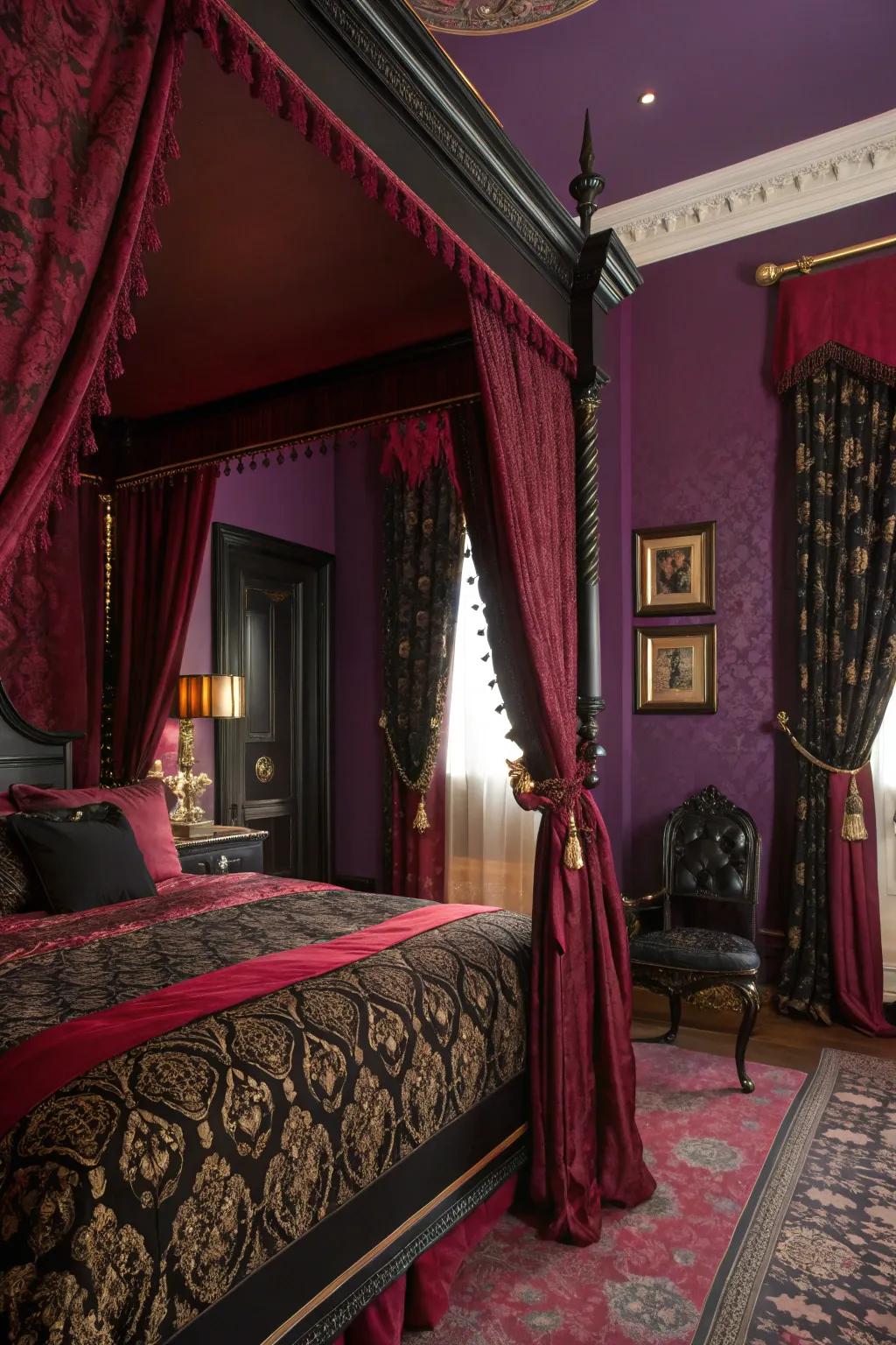Deep colors lay the foundation for an eerie yet sophisticated bedroom.