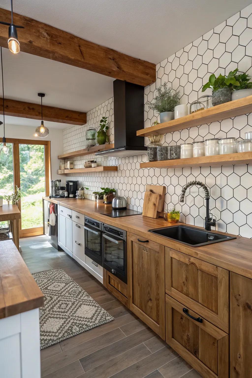 Wooden features and hexagon designs forge a cozy, appealing kitchen atmosphere.