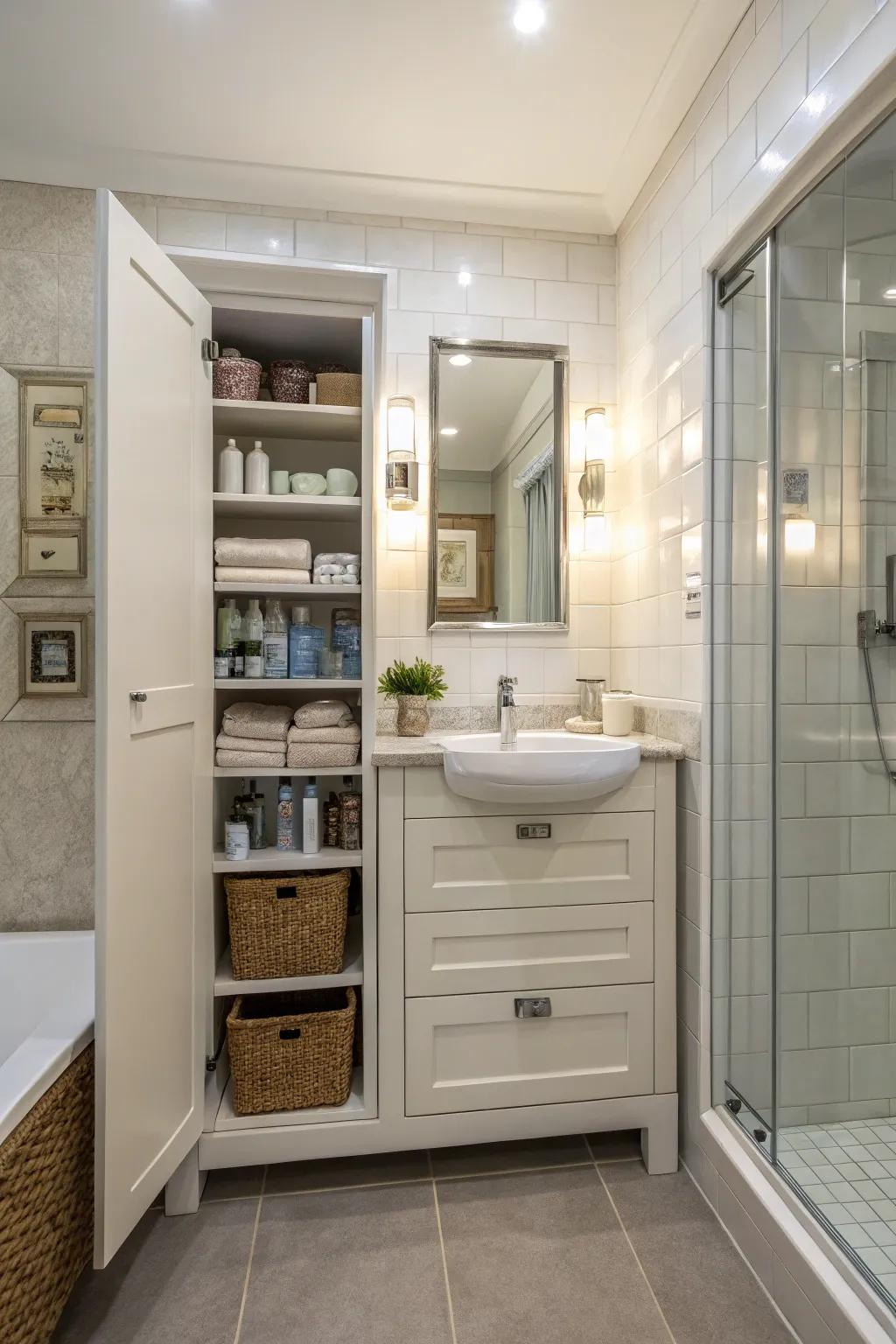 An inset cabinet providing elegant storage in a modern bathroom.