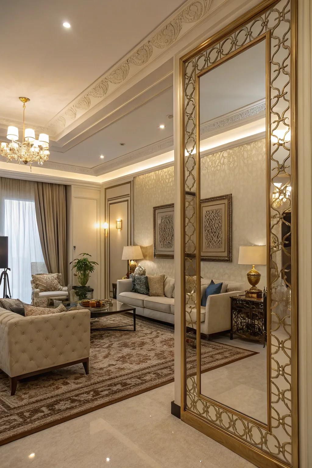 A mirrored partition enhances the space while preserving an open atmosphere.