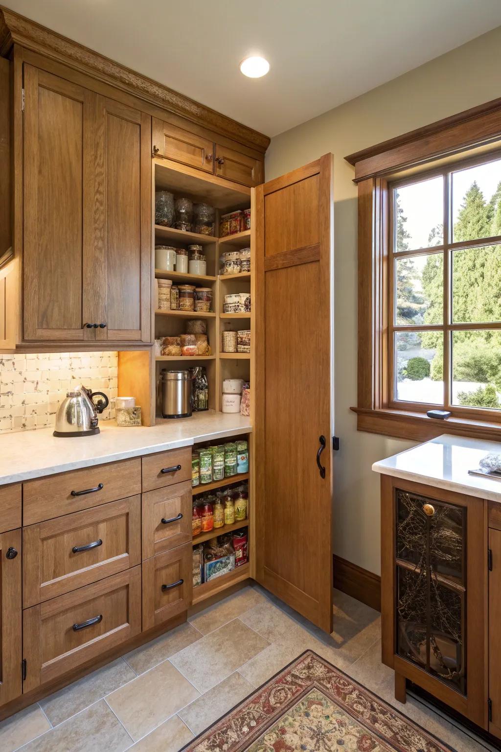 Integrated cabinets create a dual-purpose hidden pantry in a space-saving kitchen.