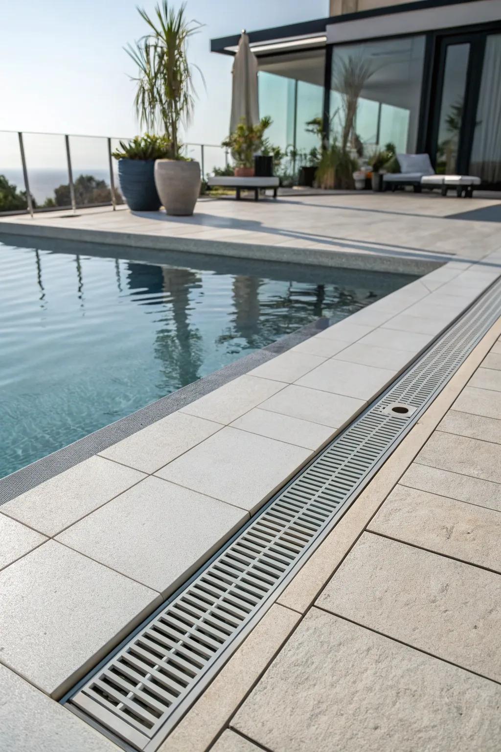 An elegant straight-line drain that enhances the pool's minimalist design.