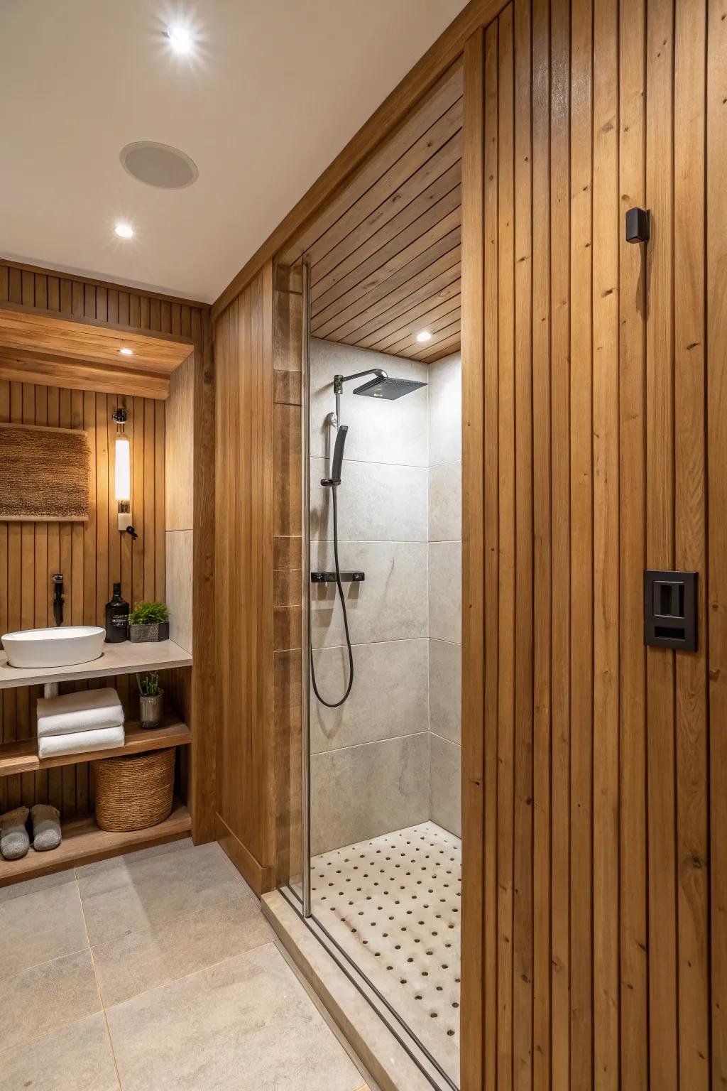 Natural wood panels create a seamless and inviting shower environment.