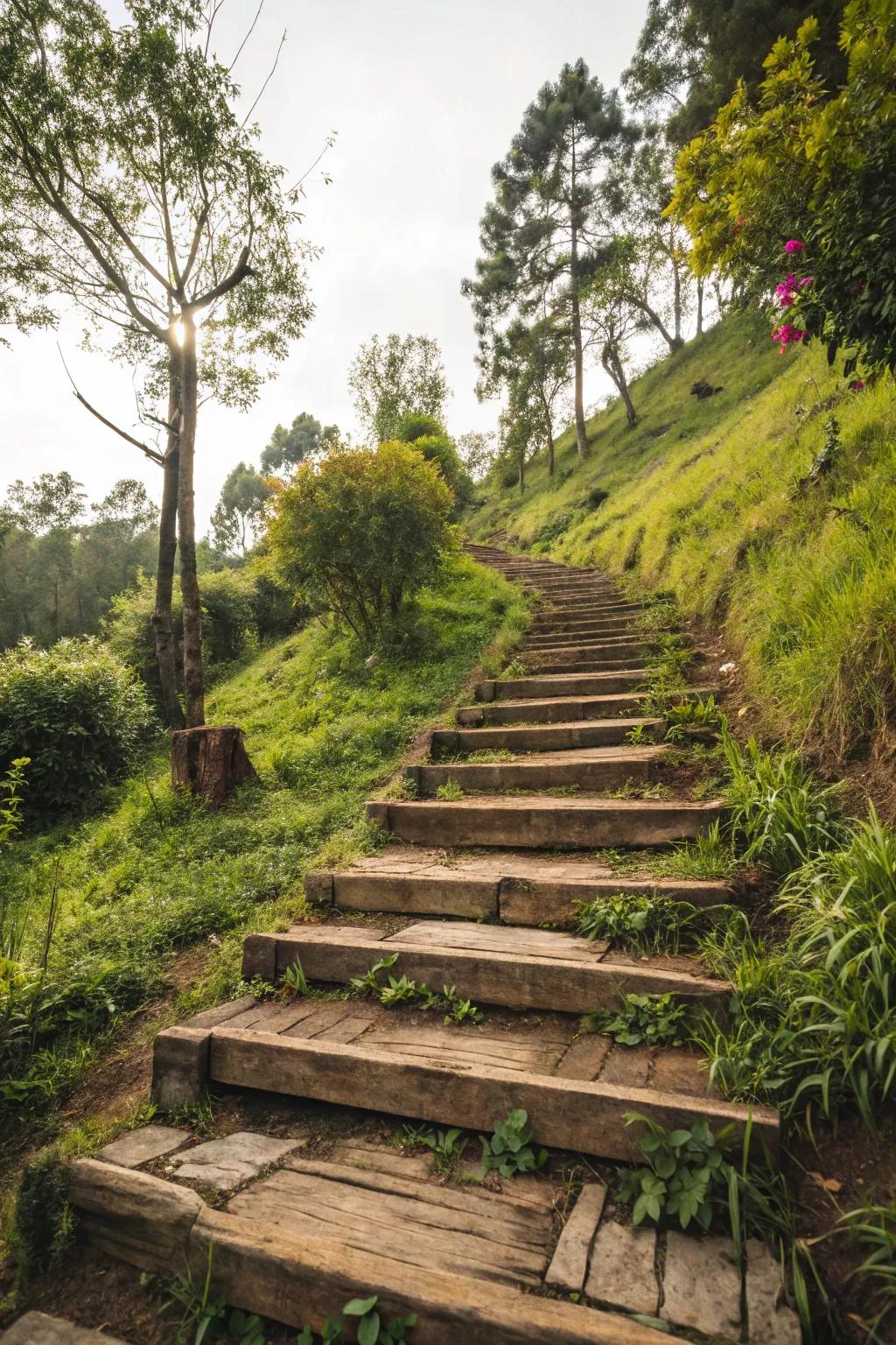 Reclaimed wood steps bring rustic charm to any garden slope.