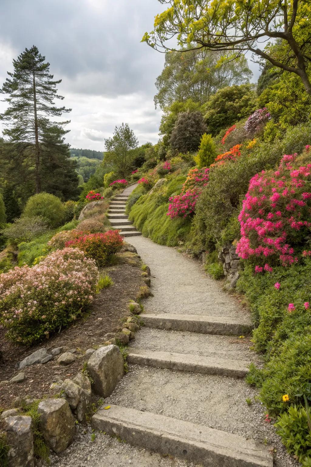 Pebble and stone paths make accessing a sloped garden easier and more appealing.