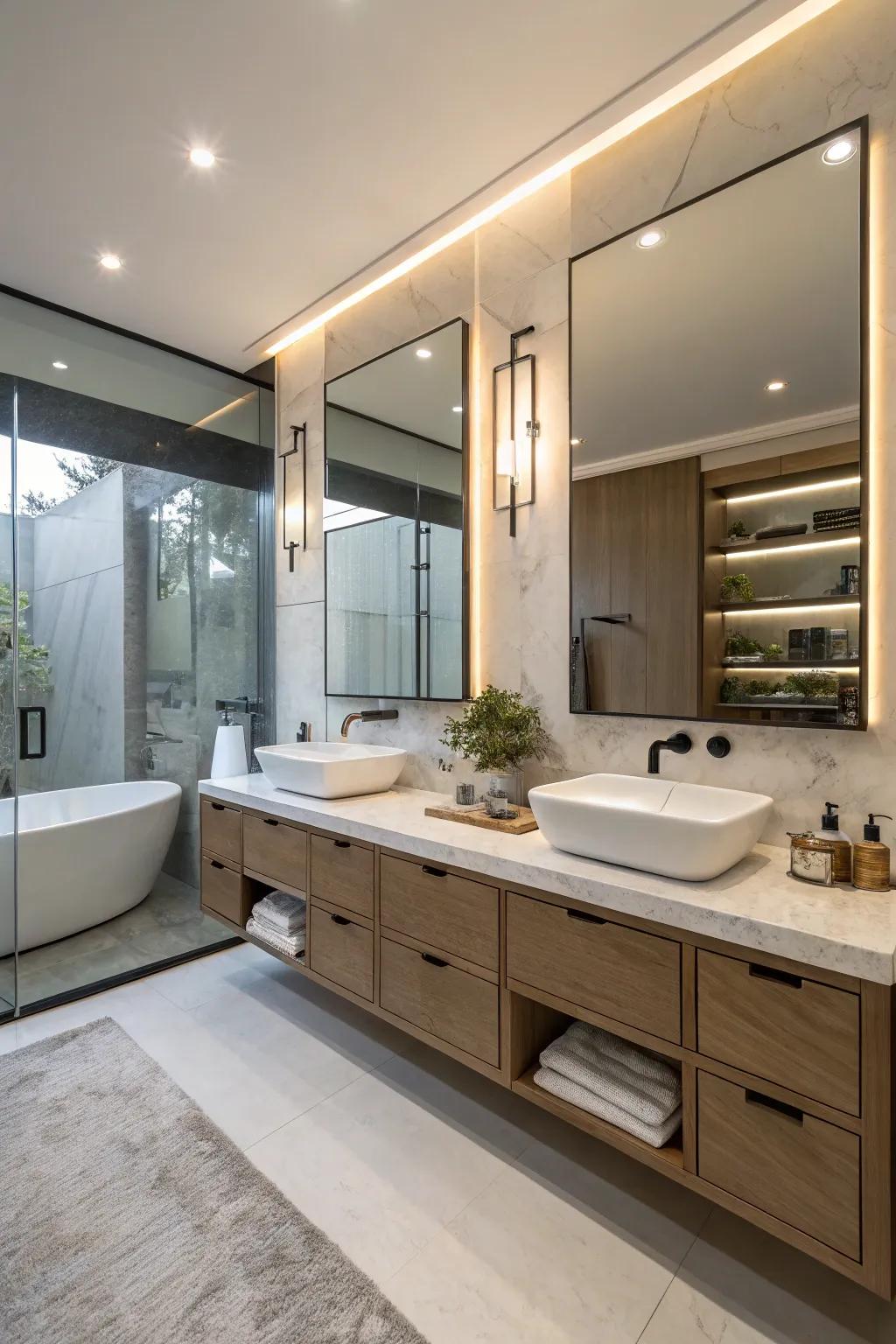 A modern bathroom featuring elegant floating vanities.