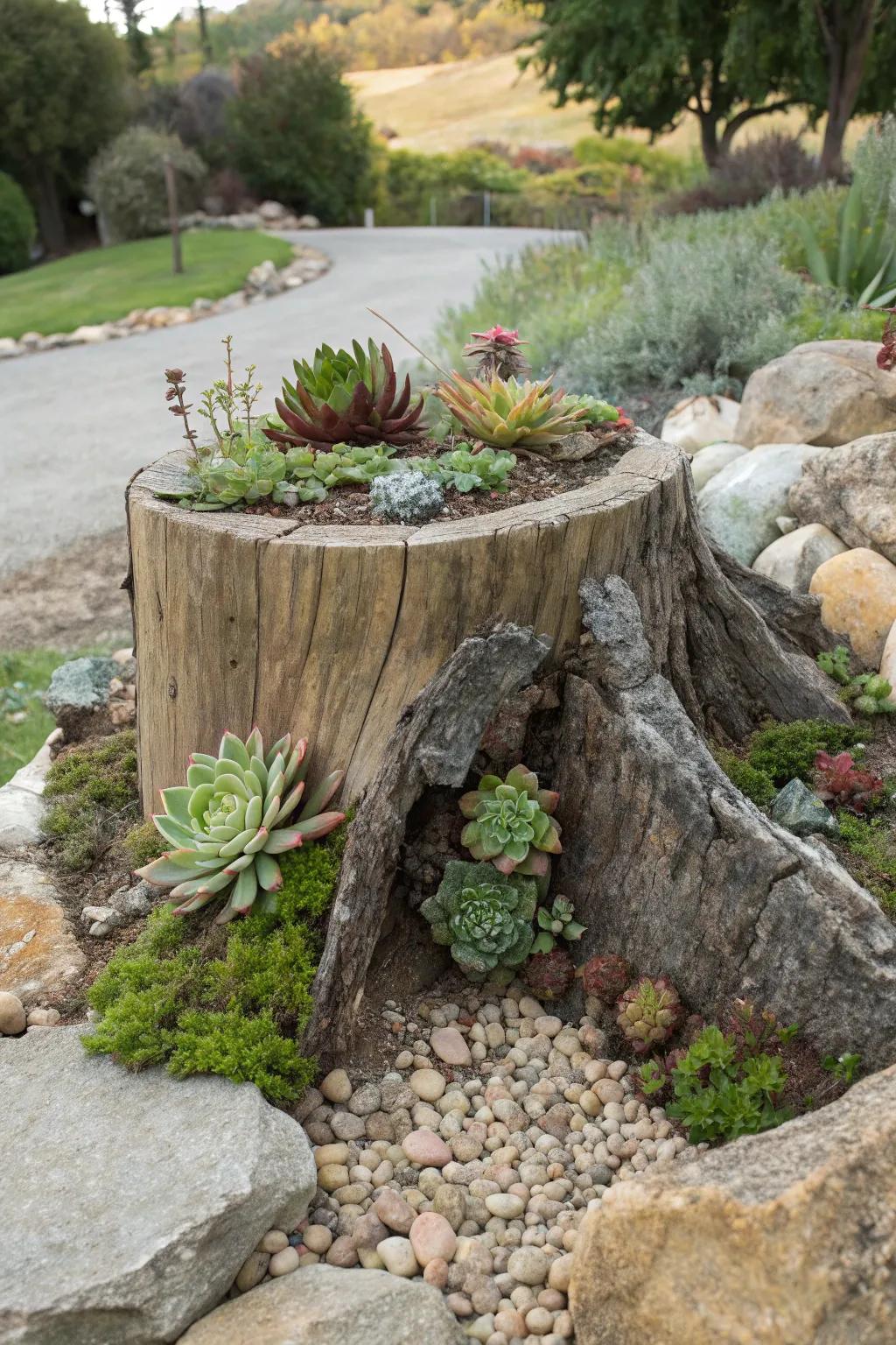 Drought-tolerant plants prosper in this natural-look tree stump planter.