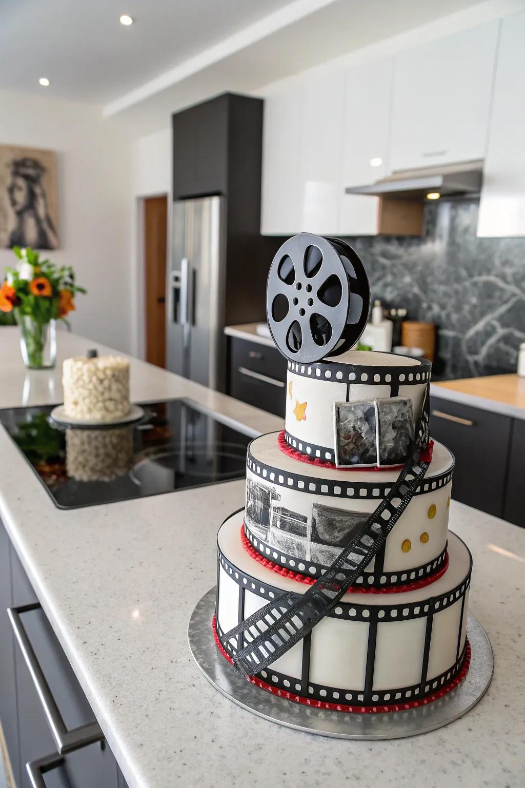 Complex film roll motifs add a layer of cinematic artistry to this decadent cake.