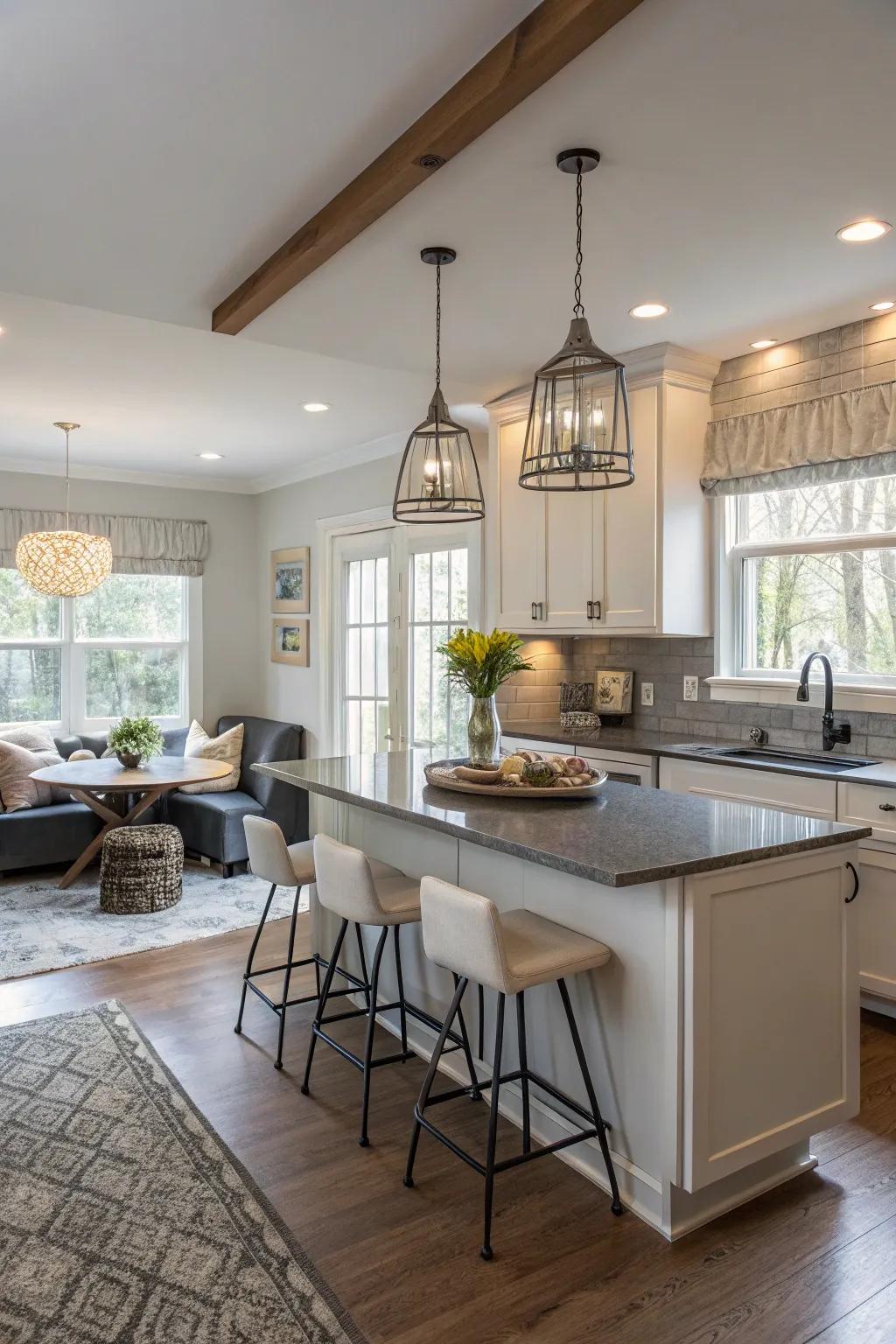 An open-concept kitchen with a cozy nook.