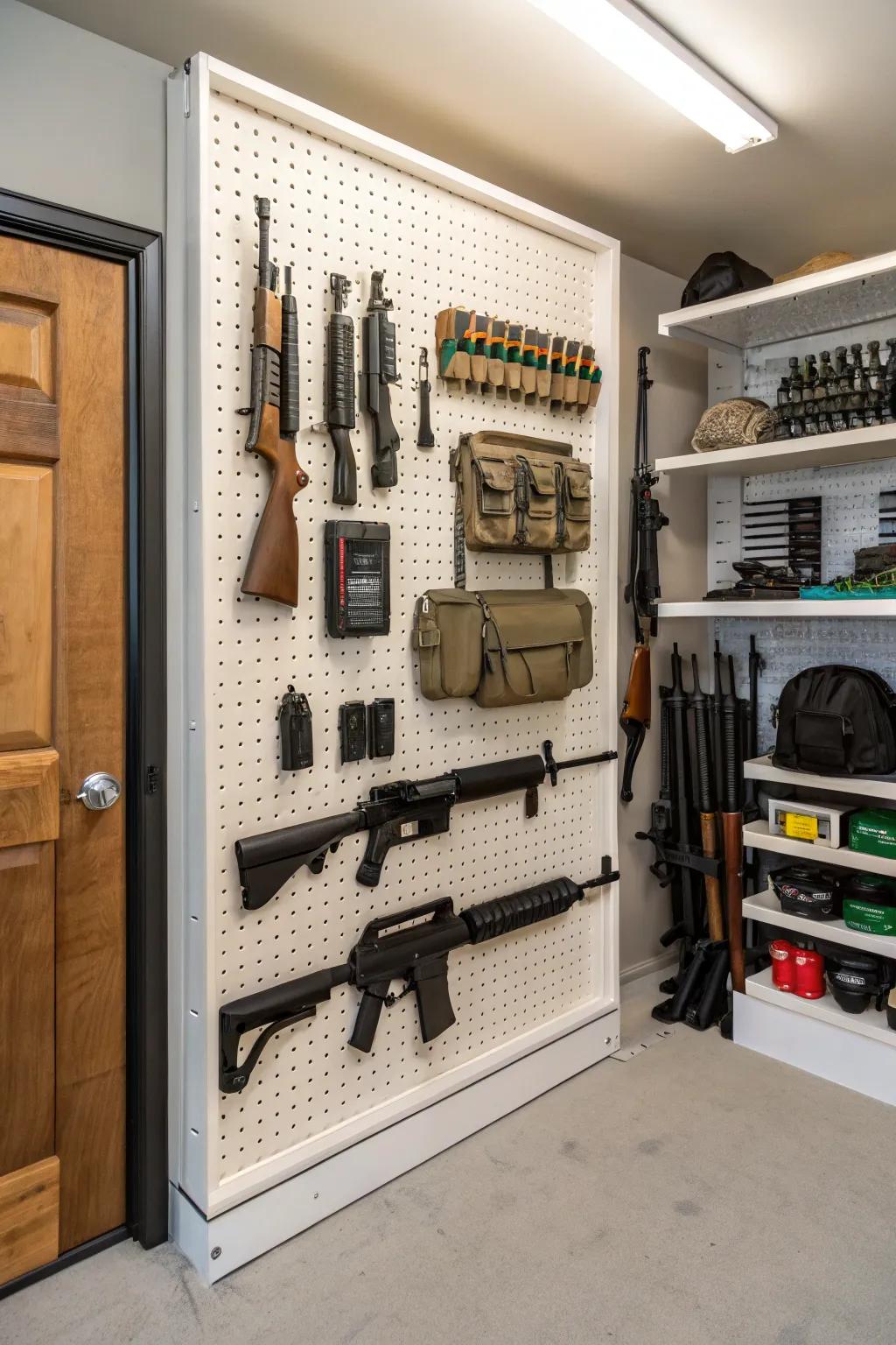 A pegboard offers ultimate flexibility in organizing your armory.