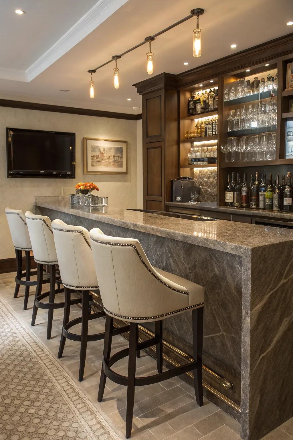 Stone countertops really bring elegance to a home bar.