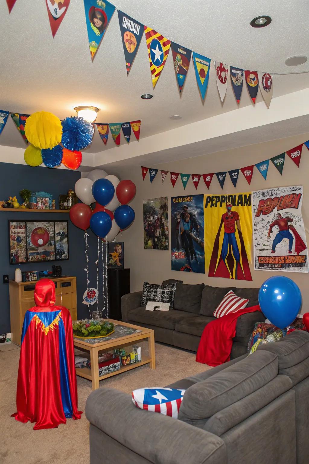A superhero-themed room set and ready for an adventure-filled party.