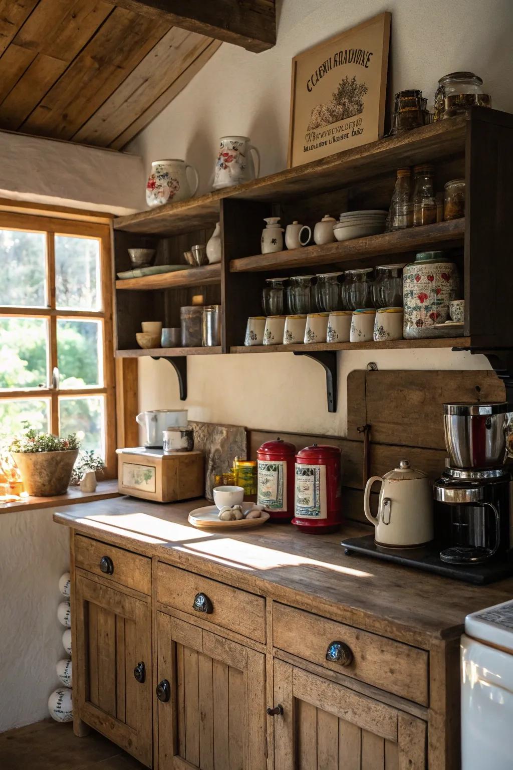 Open shelves enhance your coffee station with both storage and style.