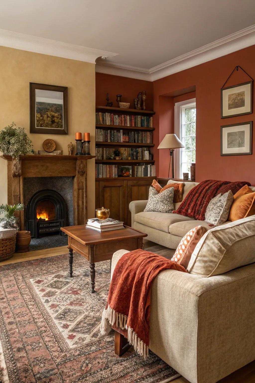 A snug living space styled with toasty natural hues