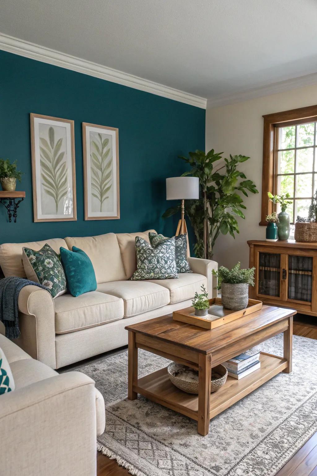 A living space brightened by a striking teal accent wall.