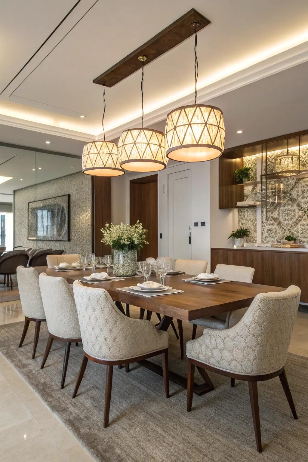 Modern pendant lights enhance the style and create a mood-lifting ambiance in your dining area.