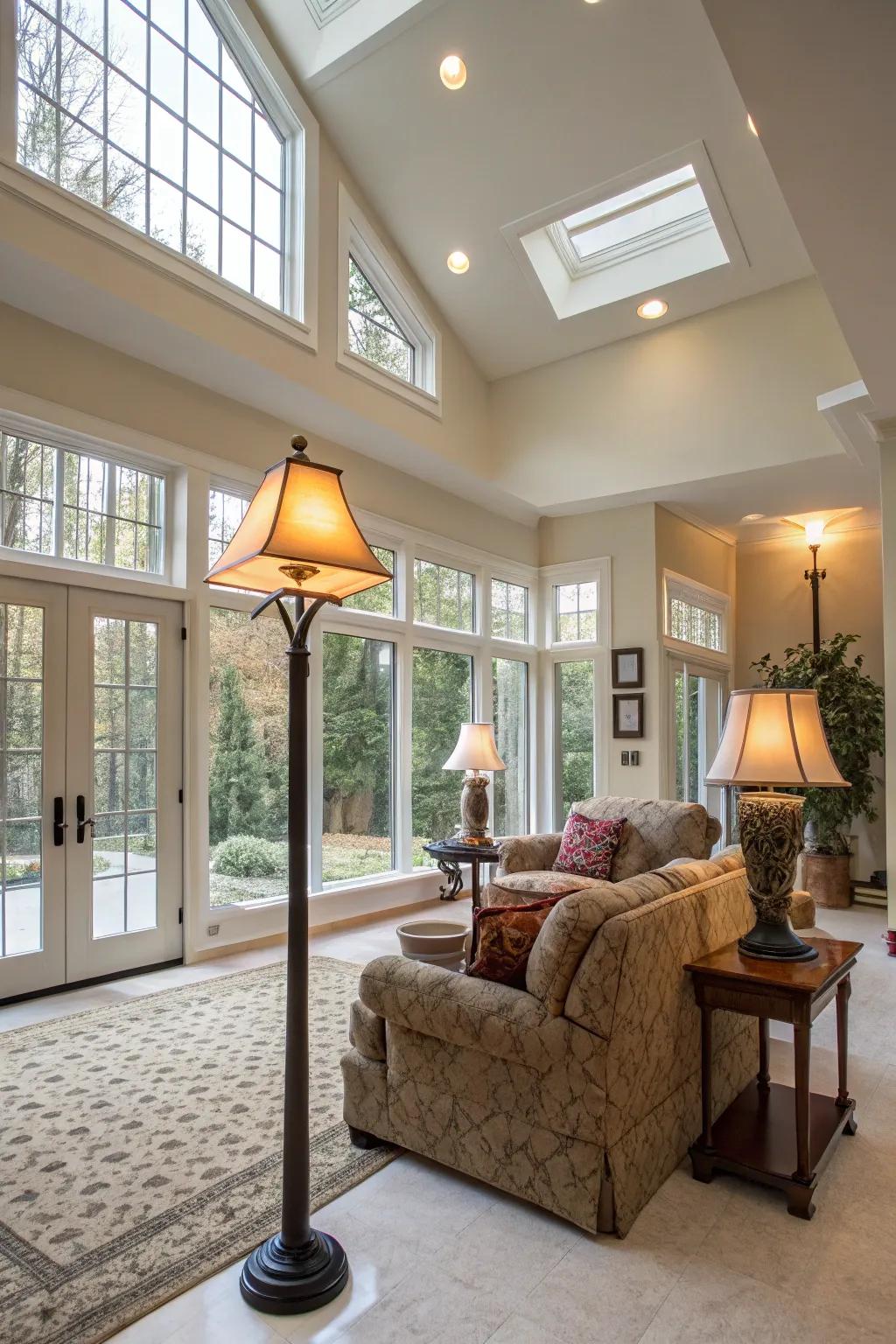 Layered light adds nuance to open-concept rooms.