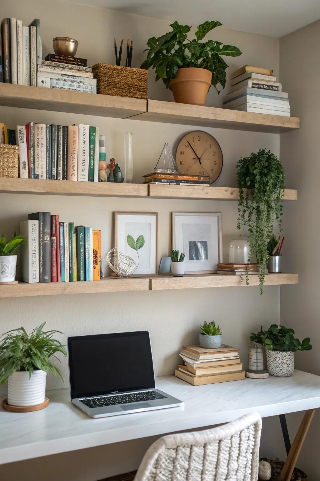 Floating shelves provide practical storage and a personal touch.