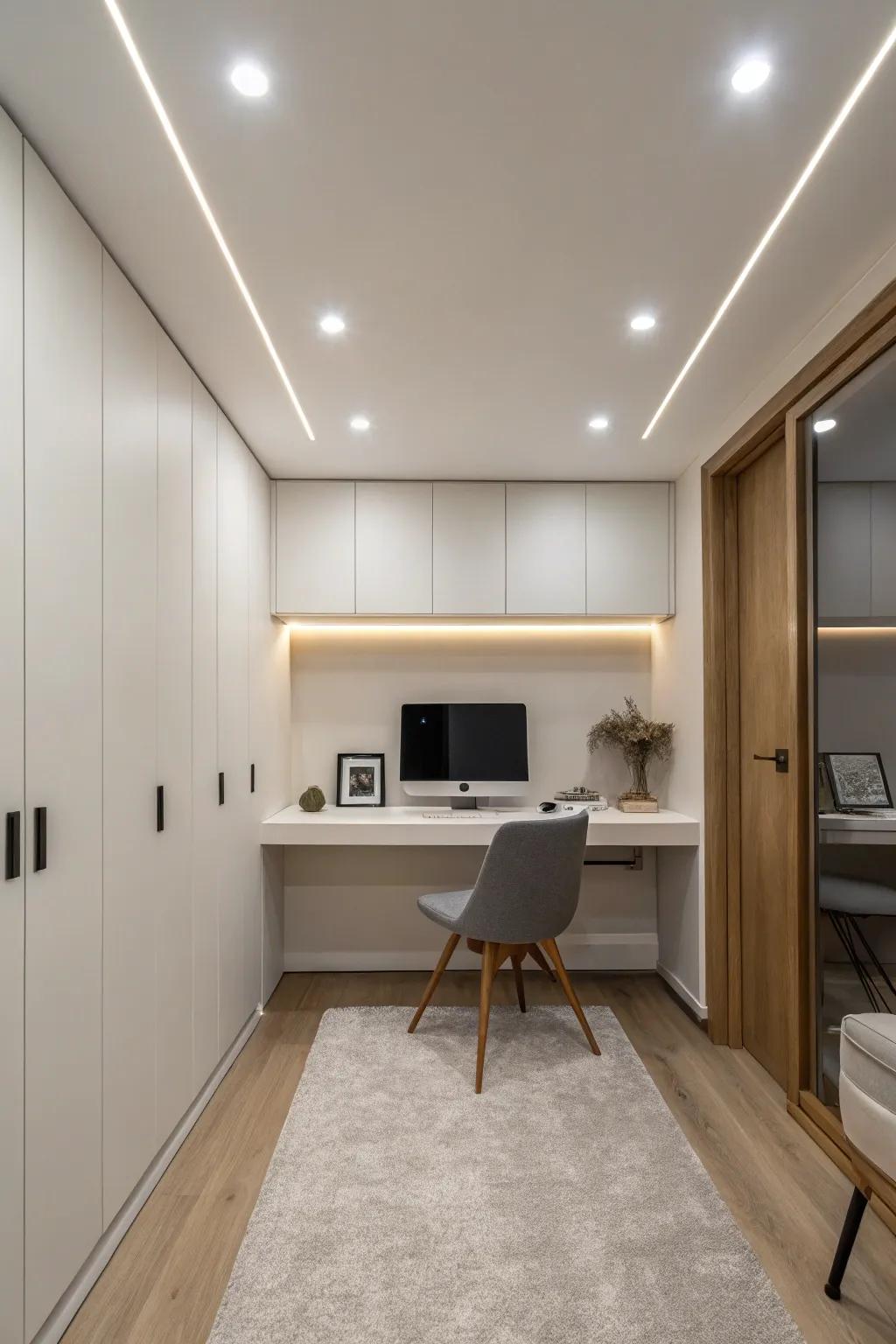 Inset lights offer a sleek, modern solution for illuminating your home office.