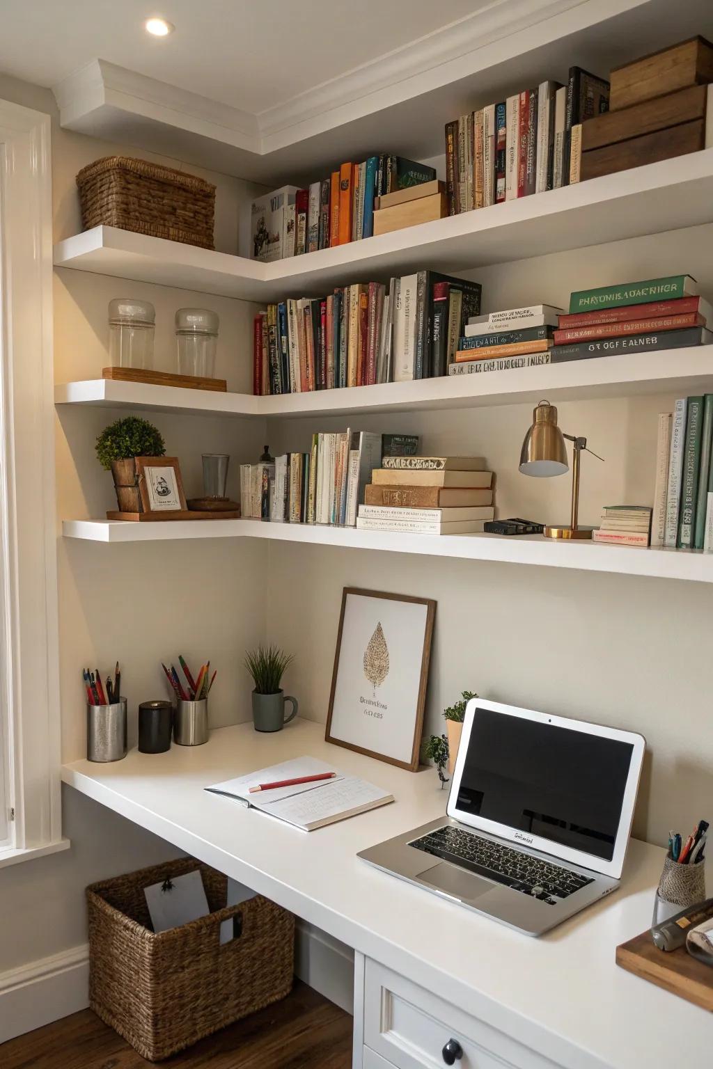 Corner shelves maximize space and enhance utility.