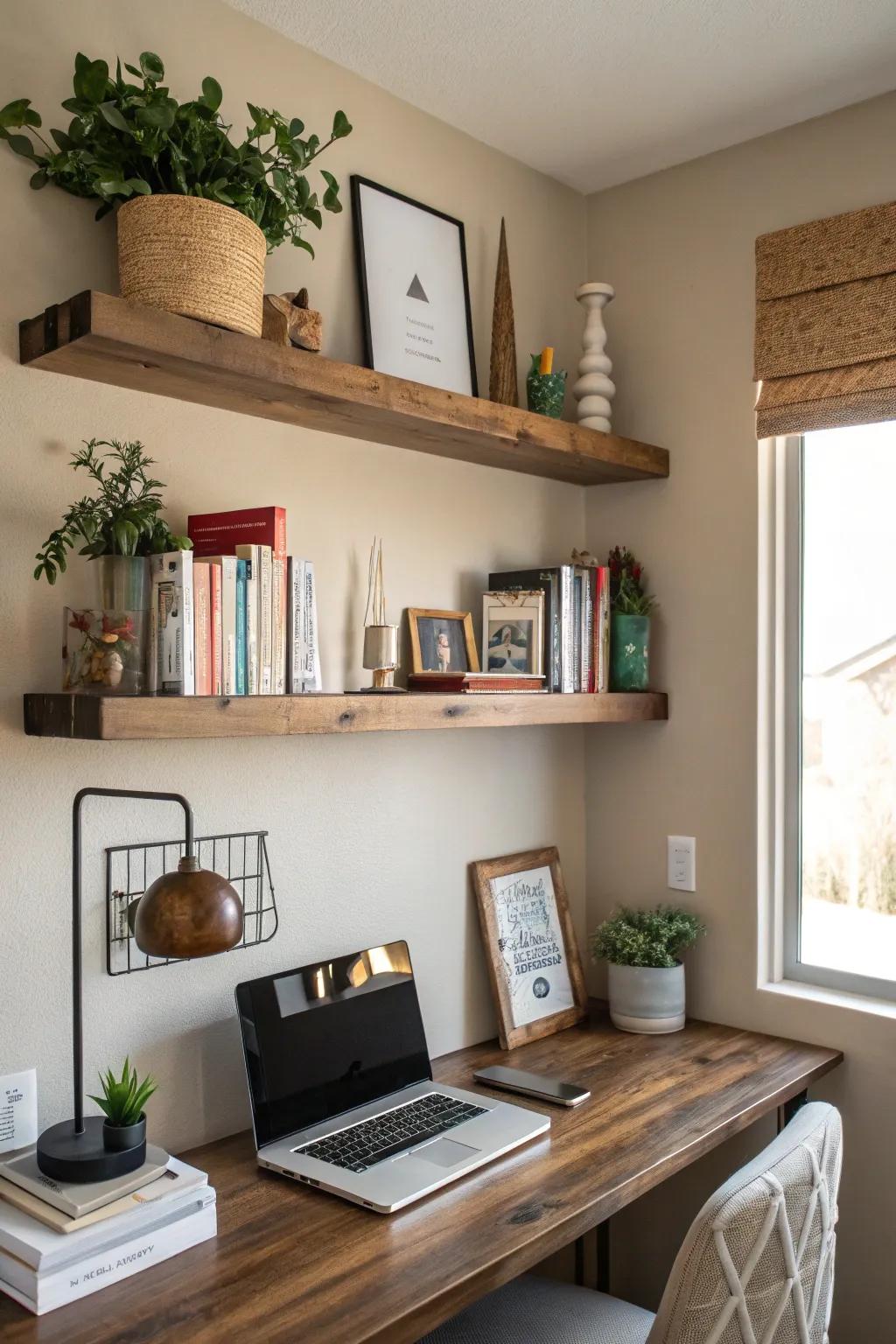 Floating shelves deliver both storage solutions and aesthetic appeal.