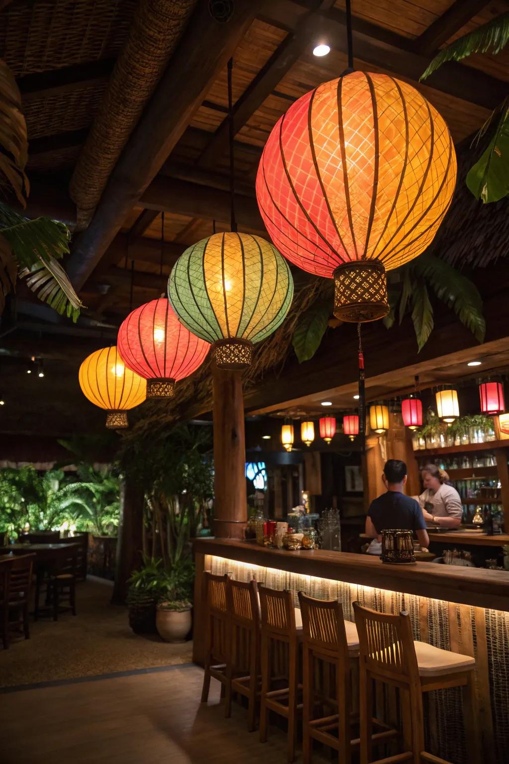 Introduce warmth and color using tropical lamp lighting.