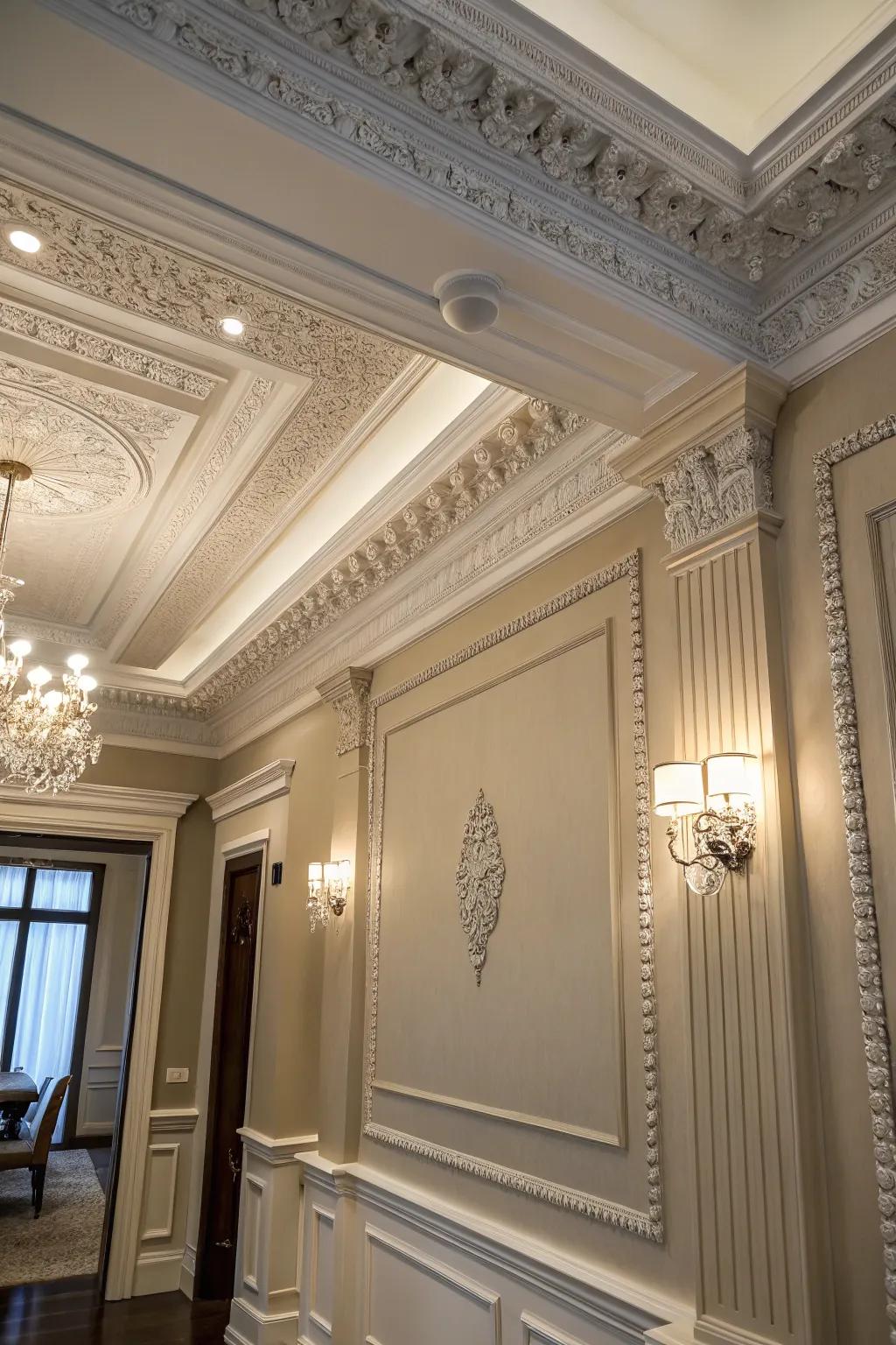 A room enhanced with ornate crown molding and detailed trim.