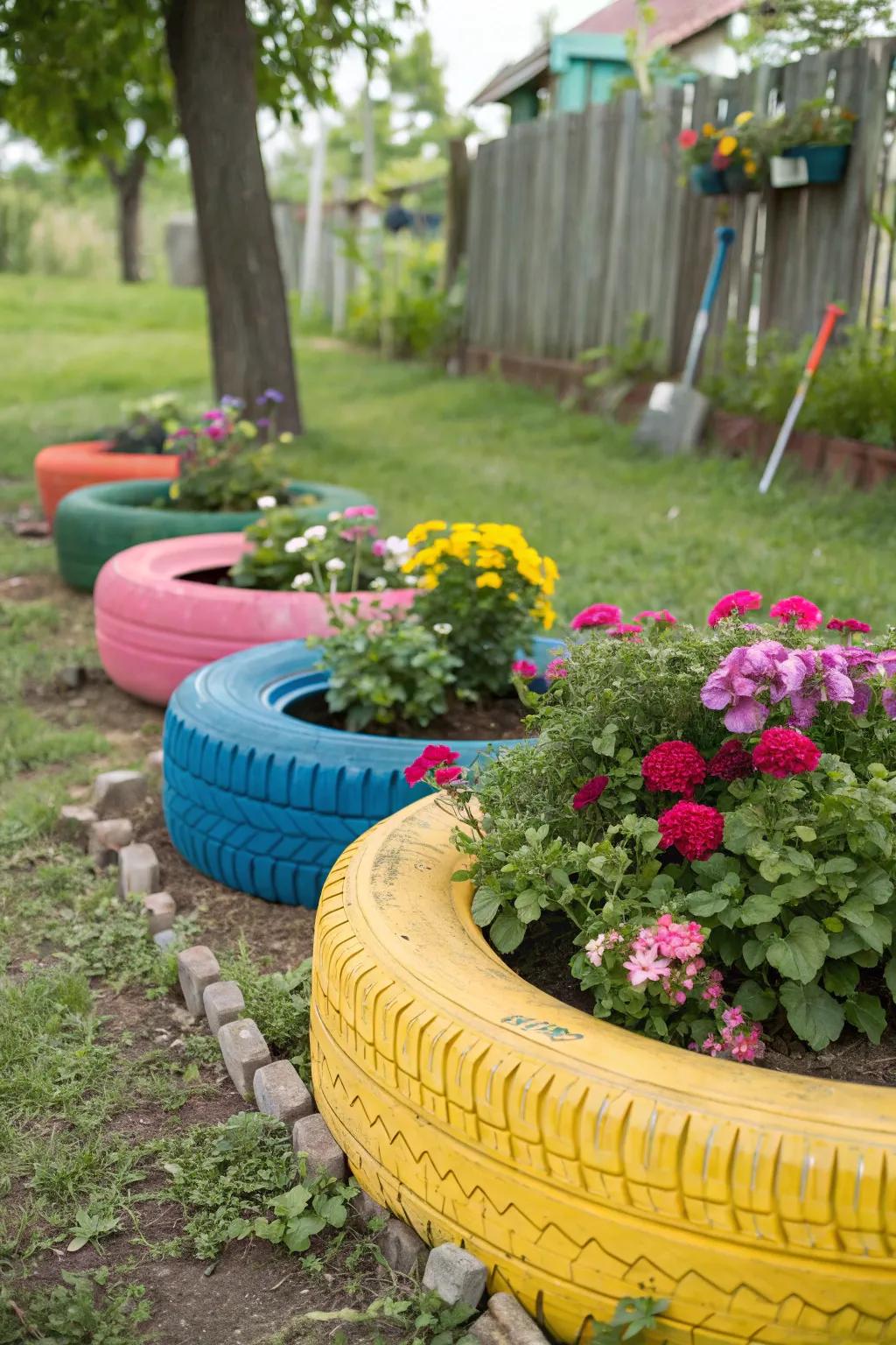 Vibrantly painted tires inject new vitality into your garden.
