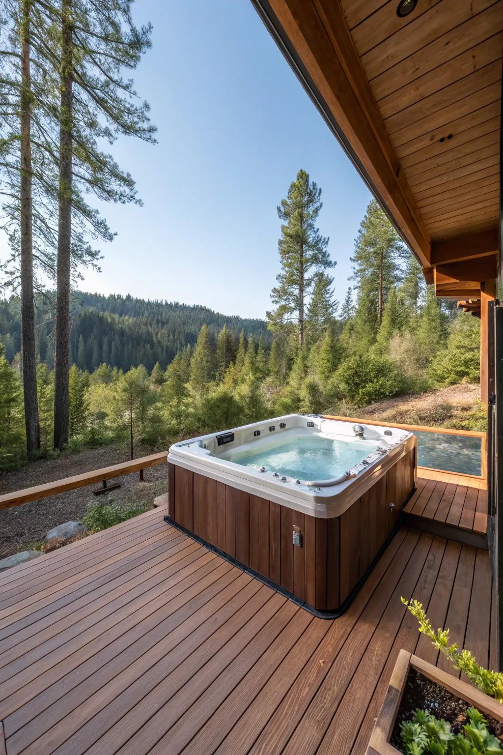 An elegant redwood platform enhances this backyard hot tub.