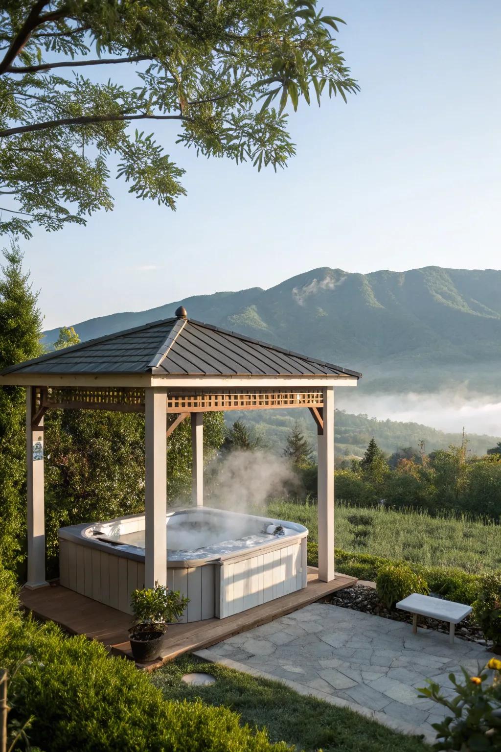 A bare-bones gazebo harmonizes with the natural scenery.