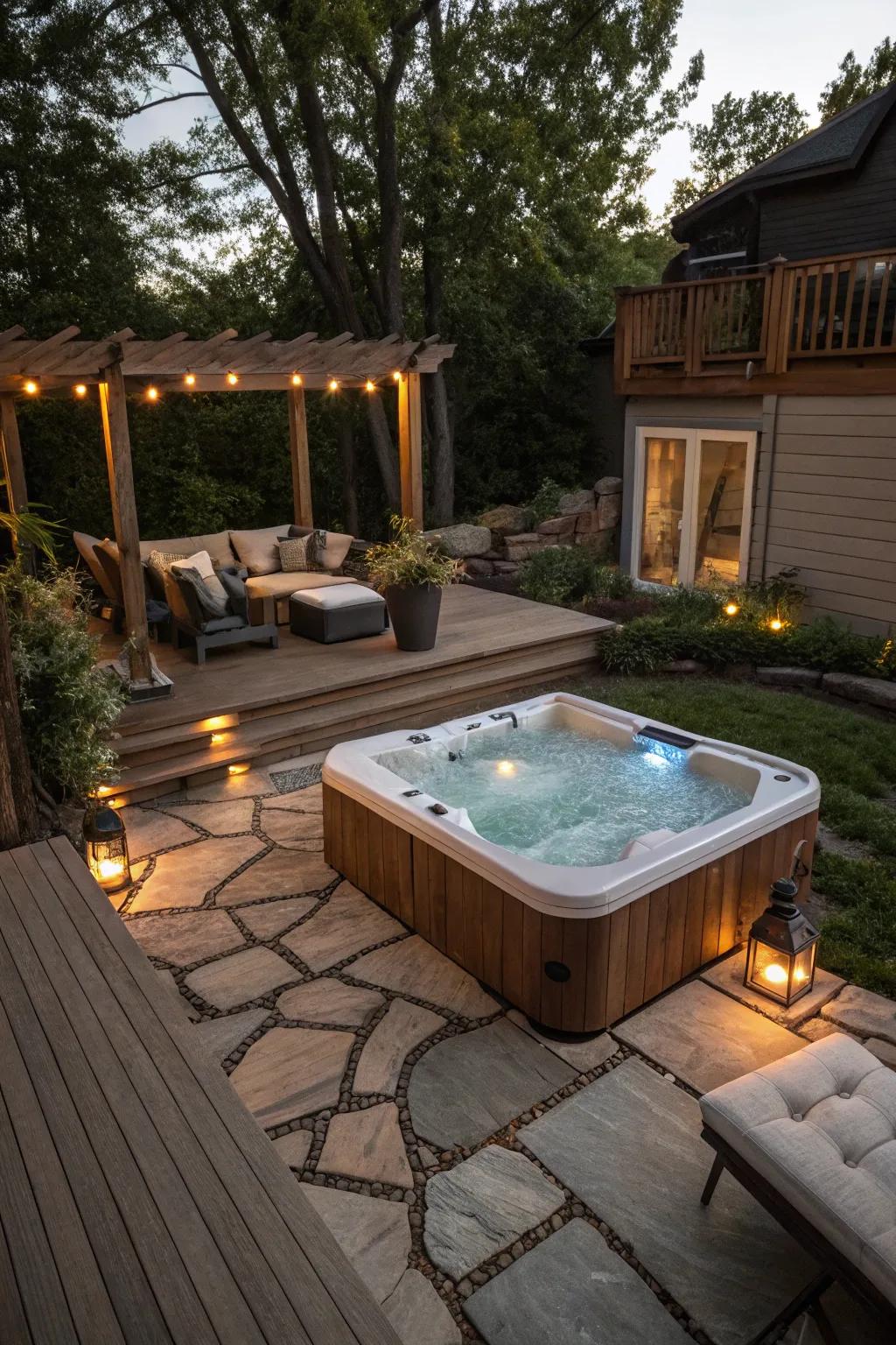 A harmonious veranda and patio arrangement with a central spa.