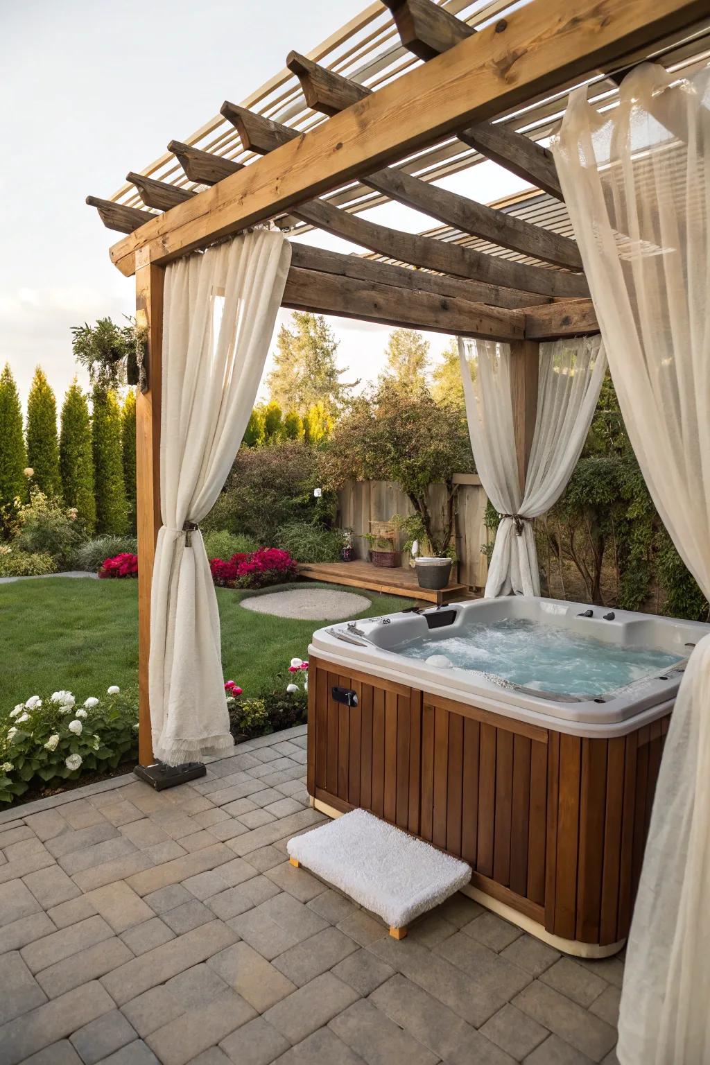 A draped pergola cultivates an intimate spa ambiance.