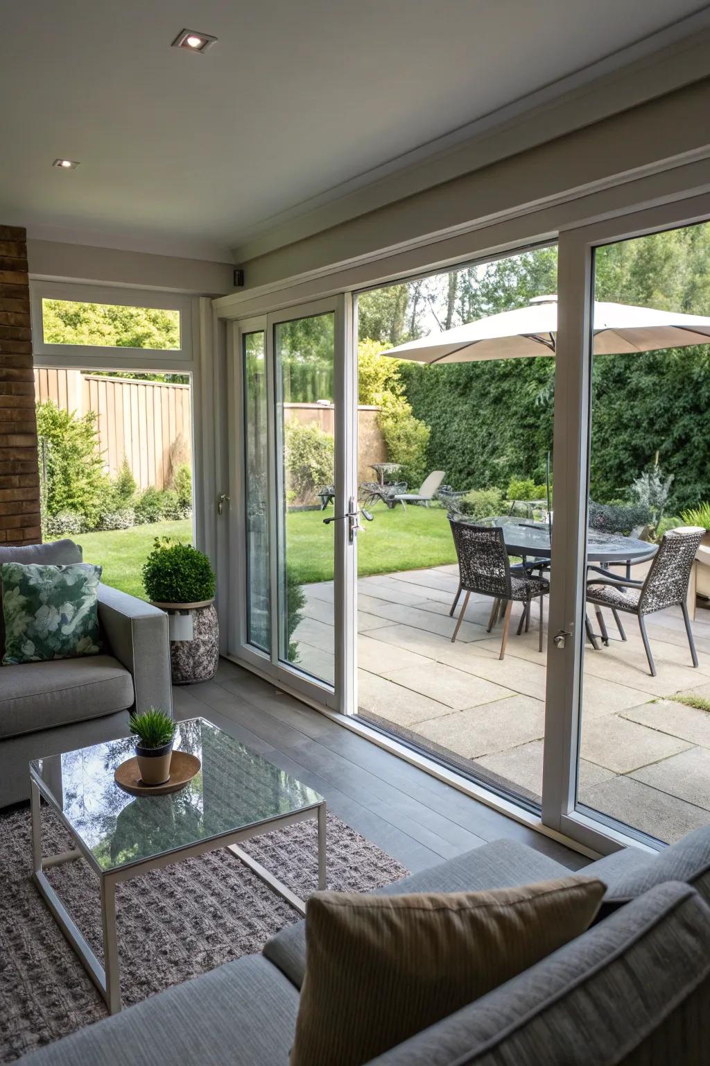 A seamless indoor-outdoor living area featuring expansive sliding glass doors.