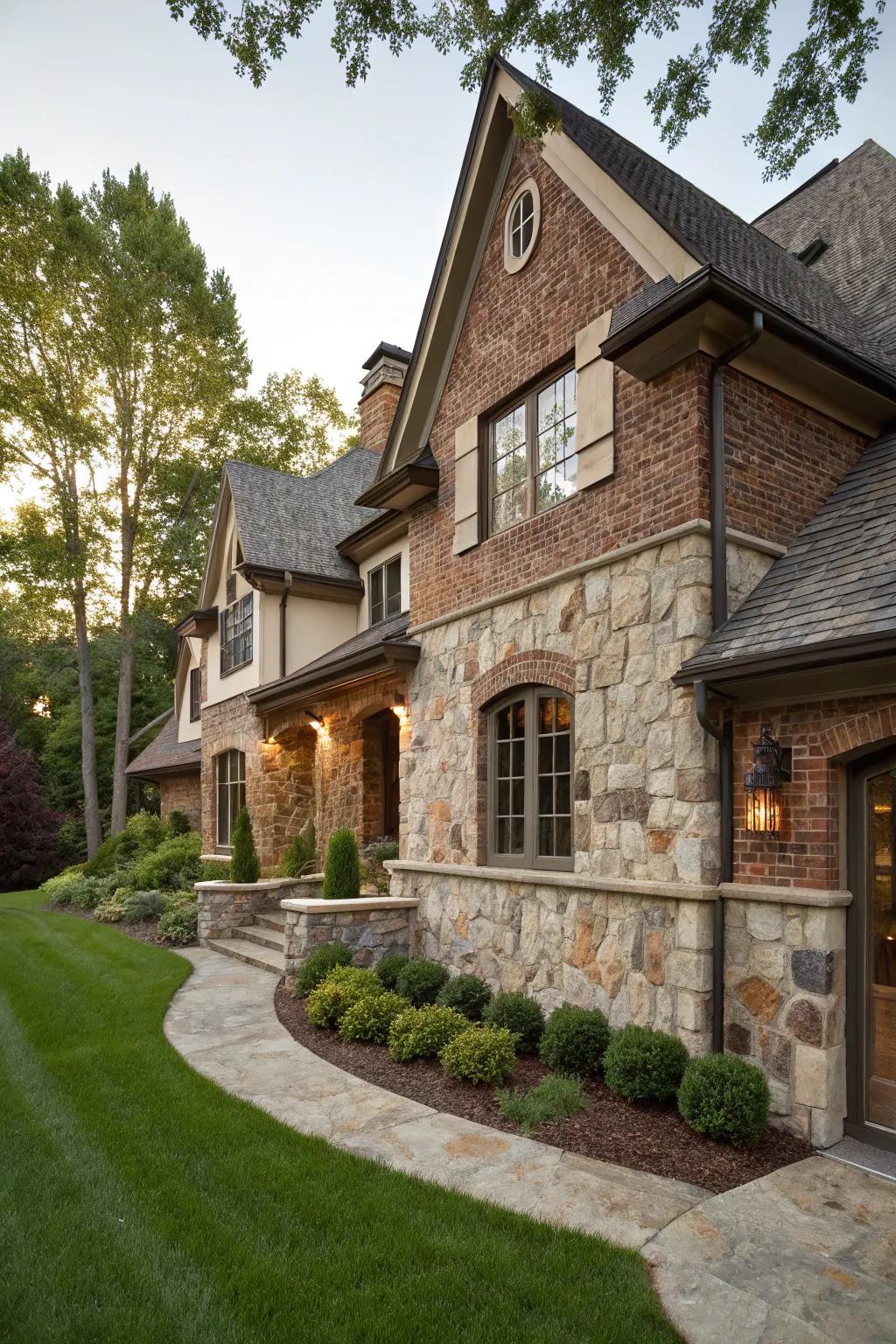 A traditional stone and brick finish imparts an ageless charm.
