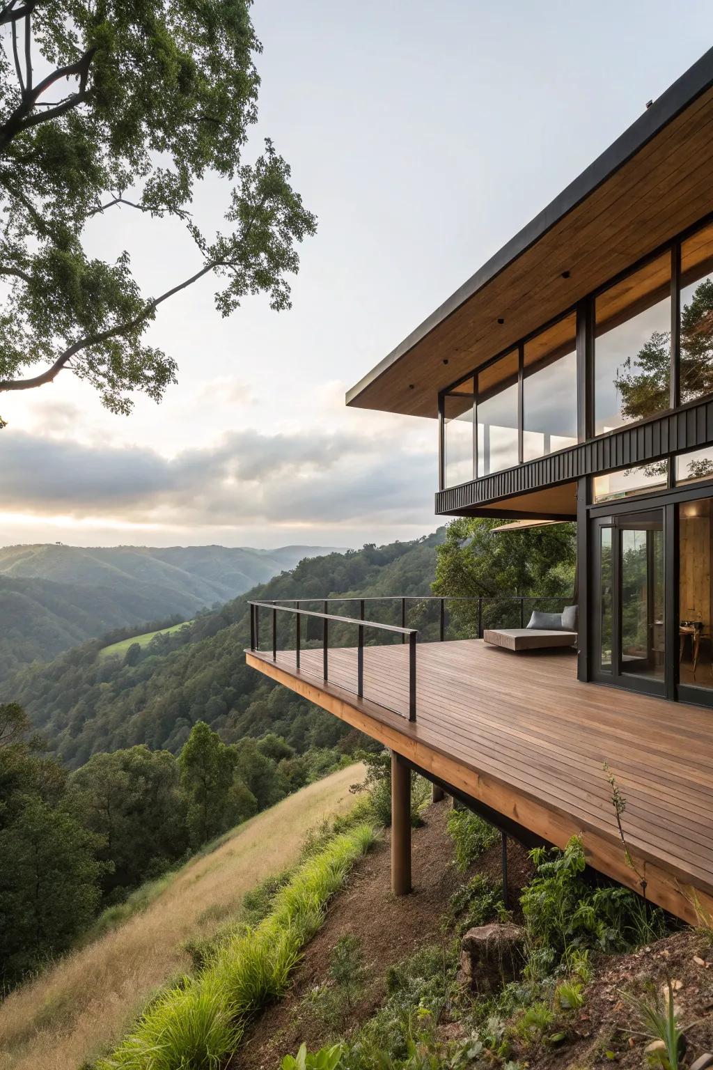 An overhanging design introduces drama and space to hillside living.